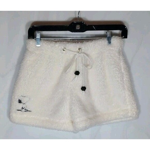 Peanuts Snoopy Sherpa Shorts S/M Embroidered Puppy Prints Drawstring Soft Comfy - Picture 1 of 9